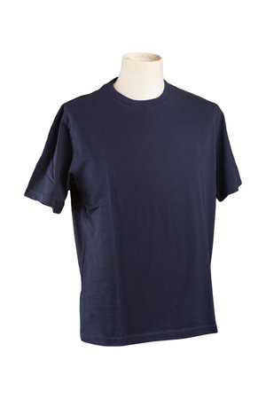 blue t-shirt on a mannequin isolated on white backgroundの写真素材