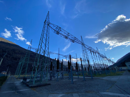 High voltage power transmission line in the mountains, South Tyrol, Italyの写真素材