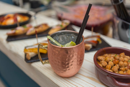 Close up on spanish tapas starters served on a table top. No people are visible.の写真素材