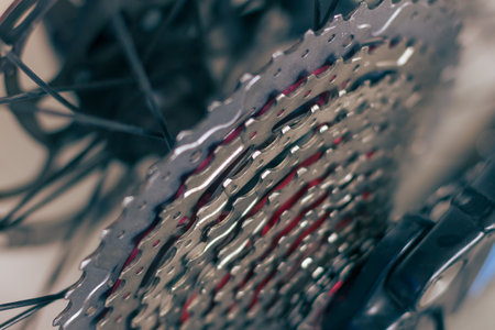 Close up on bike and bicycle wheels repair tools, background is blurred.の写真素材