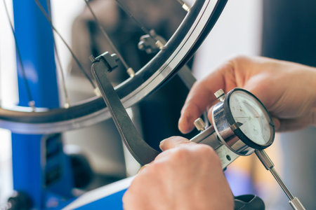 Close up on bike and bicycle wheels repair tools, background is blurred.の写真素材