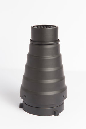 Close up of a black oil filter on white background with clipping pathの写真素材