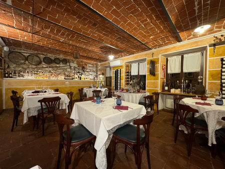 Restaurant interior with tables and chairs in the old style, Italyの写真素材
