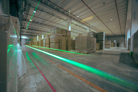Light trails inside an automated warehouse where shipments are digitally controlled by artificial...