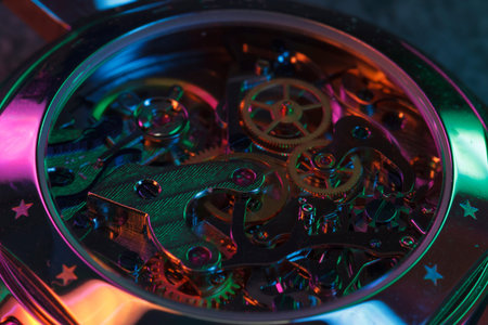 Close up detail of a macro clockwork inside a shiny iron wristwatch with sapphire rear glass bottom.