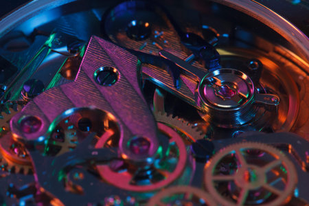 Close up detail of a macro clockwork inside a shiny iron wristwatch with sapphire rear glass bottom.