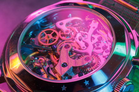 Close up detail of a macro clockwork inside a shiny iron wristwatch with sapphire rear glass bottom.