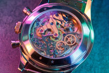 Close up detail of a macro clockwork inside a shiny iron wristwatch with sapphire rear glass bottom.