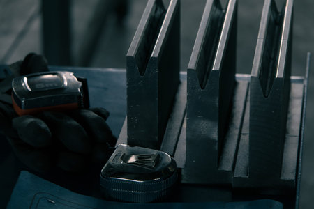 Detail of heavy industry manufacturing, sparks come out of a metal working welder.