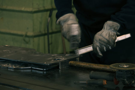 Detail of heavy industry manufacturing, sparks come out of a metal working welder.