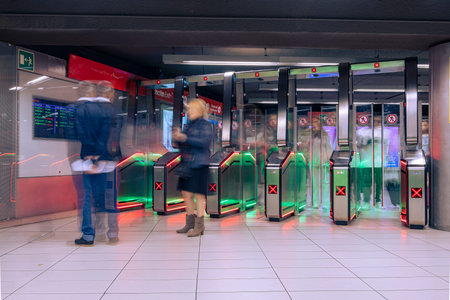 Milan, Italy - September 28, 2024: subway interior shot of the new access turnstiles for the Piazza...
