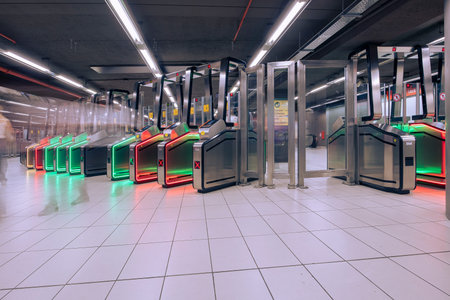 Milan, Italy - September 28, 2024: subway interior shot of the new access turnstiles for the Piazza...
