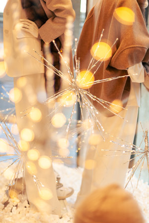 Christmas clothing shop windows details, no people are visible.の写真素材