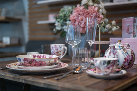 Close up on luxury tableware, dishes and glasses.の写真素材