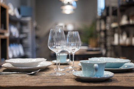 Close up on luxury italian tableware, dishes and glasses.の写真素材