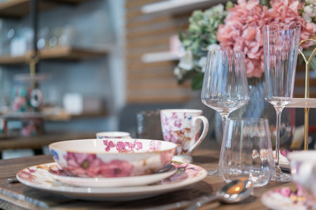 Close up on luxury tableware, dishes and glasses.の写真素材