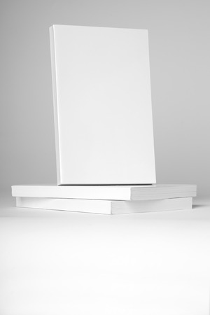 Real white paperback book over a stack of books on a gray backgroundの写真素材