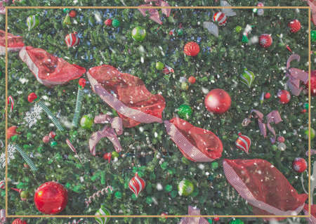 Christmas background with Christmas tree with red and green Christmas spheres and snow effect with white frameの写真素材