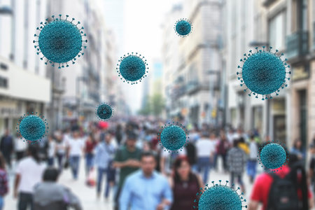 crowd of people walking on the street with particles of covid 19 or coronavirus flying in the air...
