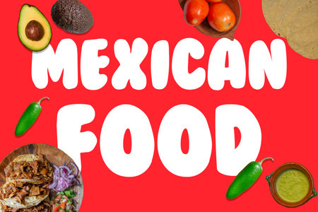 top view photo of mexican food like tacos of ingredients like avocados and chili peppers with the phrase mexican foodの写真素材