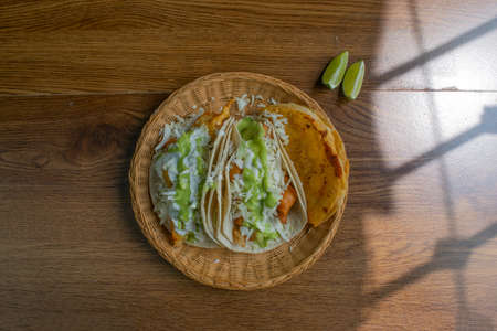 top view of Baja style fish tacos and fried shrimp taco. Mexican foodの写真素材