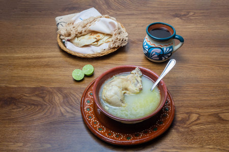 Mexican chicken broth with tortillas and Mexican coffee. Mexican foodの写真素材