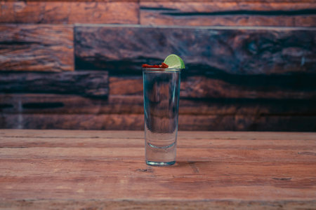 shot of tequila with a slice of lemon and chili on top in a Mexican barの写真素材