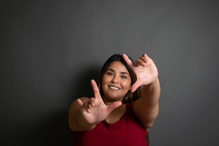 beauty and fashion portrait of happy young chubby latin woman smiling. young mexican