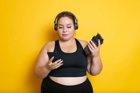 Young fat and fitness model in sportswear using mobile phone and earphones, holding shaker glass of protein, smiling. latin mexicanの写真素材