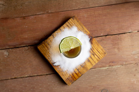 top view shot of golden tequila with lemon and salt on planks