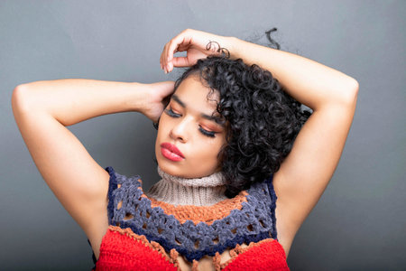 portrait of beautiful hispanic black young woman with sensual lips and perfect skin.