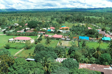 Photo of a overlooking view of mountain nature and urban community town.