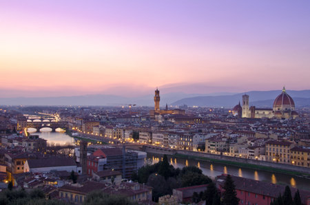 Beautiful sunset over the river Arno in Florence, Italy,の写真素材