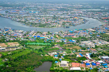 Aerial view of a village in Samut Sakhon, Thailandの写真素材