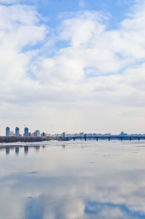 view from the river Dnieper, skyscrapers and bridge Paton, Kyiv, Ukraineの写真素材