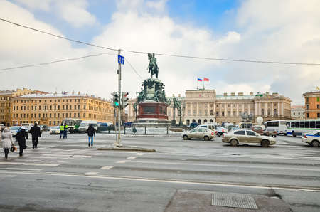 ST.PETERSBURG, RUSSIA - MARCH 5: St. Isaac's Square in March 5, 2012 in St.Petersburg, Russia. Unveiled on July 7th 1859 and was first equestrian statue in world with merely two support pointsのeditorial素材