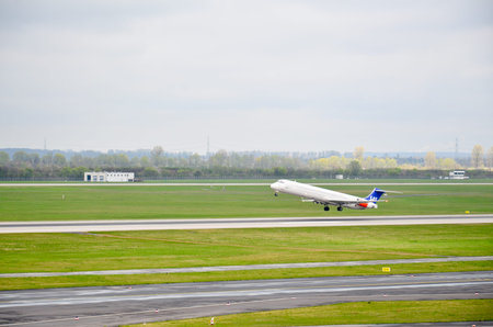 DUSSELDORF, GERMANY - MARCH 30:  SAS Airlines Boeing B777 taxiing to take-off from Dusseldorf Airport on March 30, 2012. Dusseldorf Airport is the third largest airport in Germany.のeditorial素材
