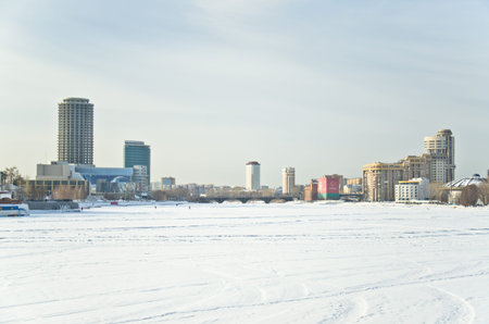 View of quay wharf embankment Yekaterinburg, Russia in winterのeditorial素材