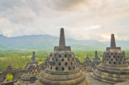 Buddist temple Borobudur on sunset. Yogyakarta. Java, Indonesiaの写真素材