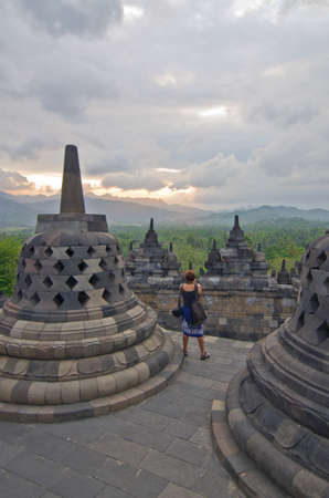 Buddist temple Borobudur on sunset  Yogyakarta  Java, Indonesiaの写真素材