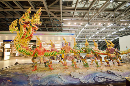 BANGKOK - FEB 19: Scene of the Churning of the Milk Ocean sculpture at Suvanabhumi Airport on February 19, 2012, Suvarnabhumi airport is world's 4th largest single-building airport terminal.のeditorial素材