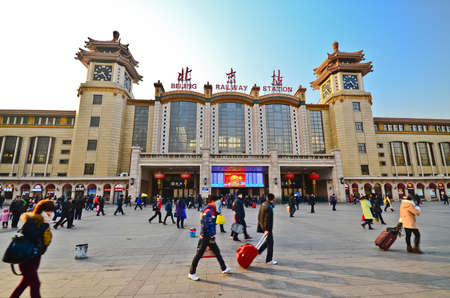 BEIJING-FEB 20, 2012. Beijing Railway Station on February 20, 2012 in Beijing. It was completed on Sept. 10, 1959, it has 8 platforms, covers 46,700 sq. meters and the Station Plaza 40,000 sq. meters.のeditorial素材