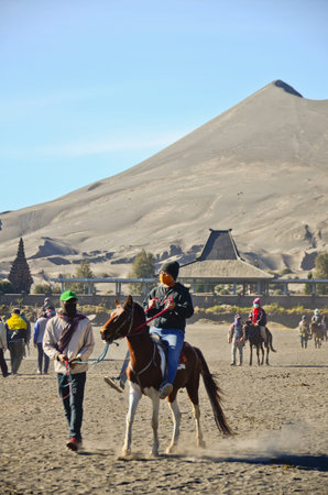 JAVA,INDONESIA-OCT 14 : Tourists hiking and ride the horse to the crater of the volcano at Mount Bromo on October 14,2013 in Java , Indonesia.のeditorial素材