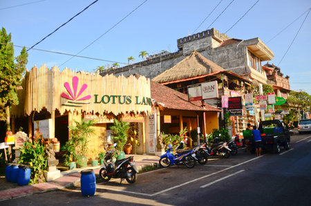 UBUD, BALI, INDONESIA - OCT 17: Tourist area street with restaurants, cafes and shops on October 17, 2013 in Ubud, Bali, Indonesia. Ubud is popular tourist attraction.のeditorial素材