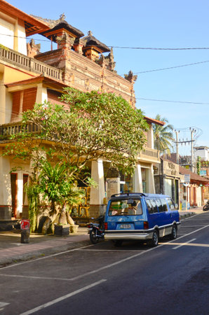 UBUD, BALI, INDONESIA - OCT 17: Tourist area street with restaurants, cafes and shops on October 17, 2013 in Ubud, Bali, Indonesia. Ubud is popular tourist attraction.のeditorial素材