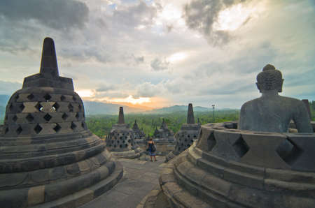 Buddist temple Borobudur on sunset. Yogyakarta. Java, Indonesiaの写真素材