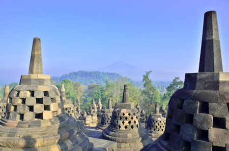 Sunrise Borobudur Temple Stupa in Yogyakarta, Java, Indonesia.