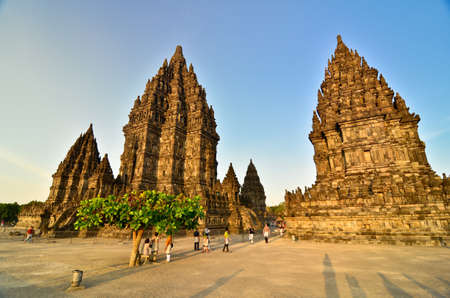 Evening view on the Prombanan complex in Yogjakarta in Java, Indonesiaの写真素材