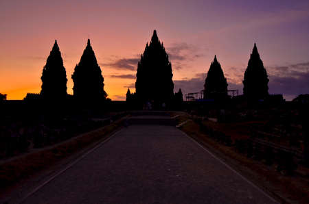 sunset view on the Prombanan complex in Yogjakarta in Java, Indonesiaの写真素材
