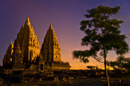 sunset view on the Prombanan complex in Yogjakarta in Java, Indonesiaの写真素材